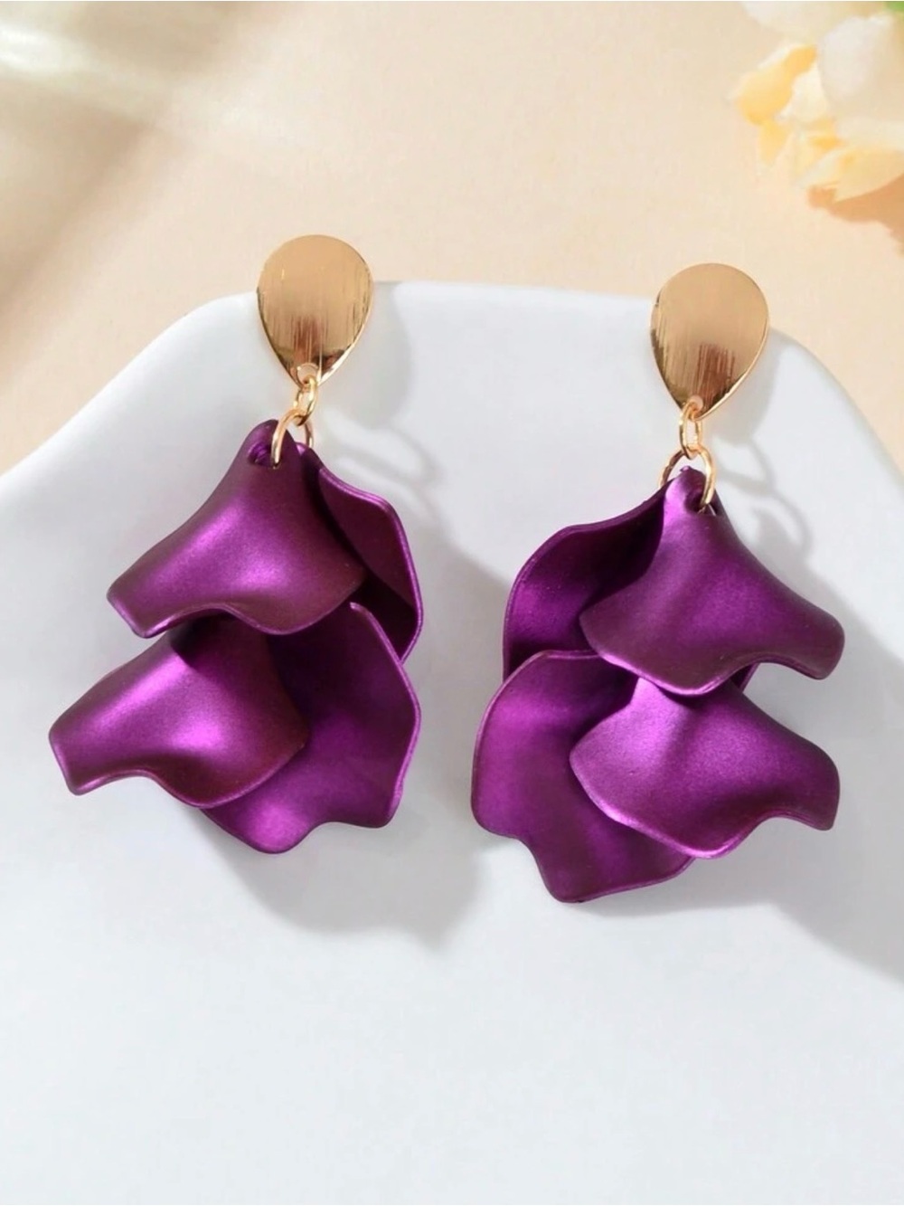 Purple Petal Drop Earrings - Gold Accent